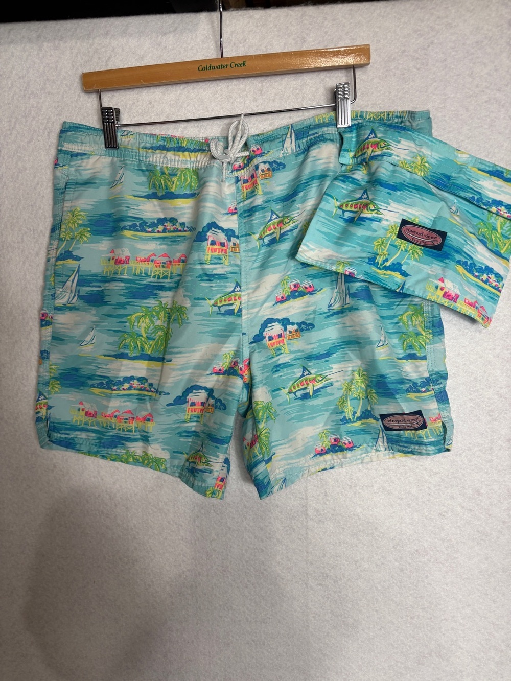 Vineyard Vines Aqua Tropical Print Swim Trunks with Pink & Green Accents